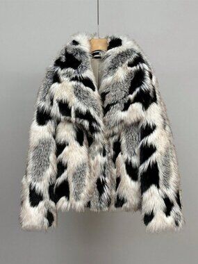 White Women's Crew Culture Elegance Faux Fox Fur Coat
